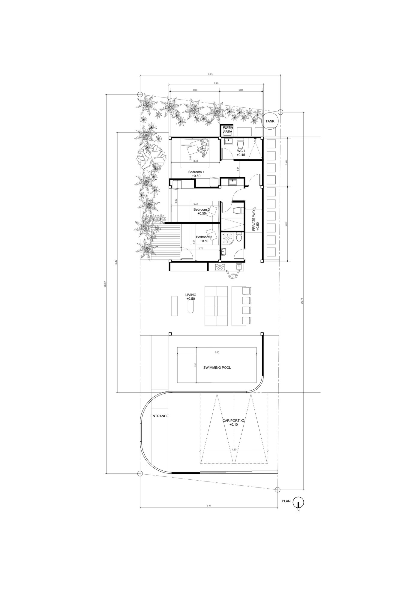SandScape villa floor plan — 3 bedrooms, living and dining, private pool 5.6 × 2.5 m and double carport